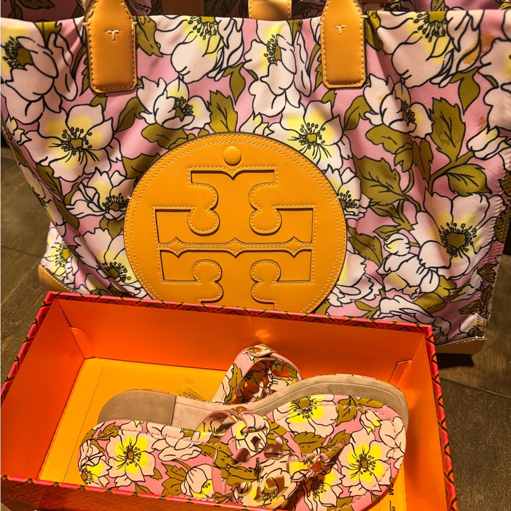 Tory Burch Floral Pink and Yellow Tote